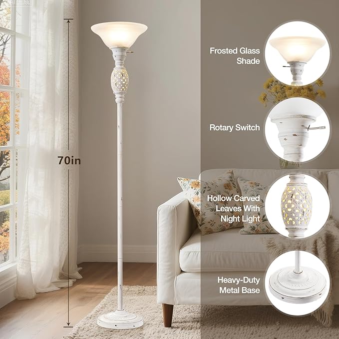 70" Floor Lamps for Living Room with Nightlight, Torchiere Floor Lamps Standing Lamp with Glass Shade, Vintage Floor Lamp with Rotary Switch,Tall Lamps for Home, Bedroom, Office, Corner,Bulb Included