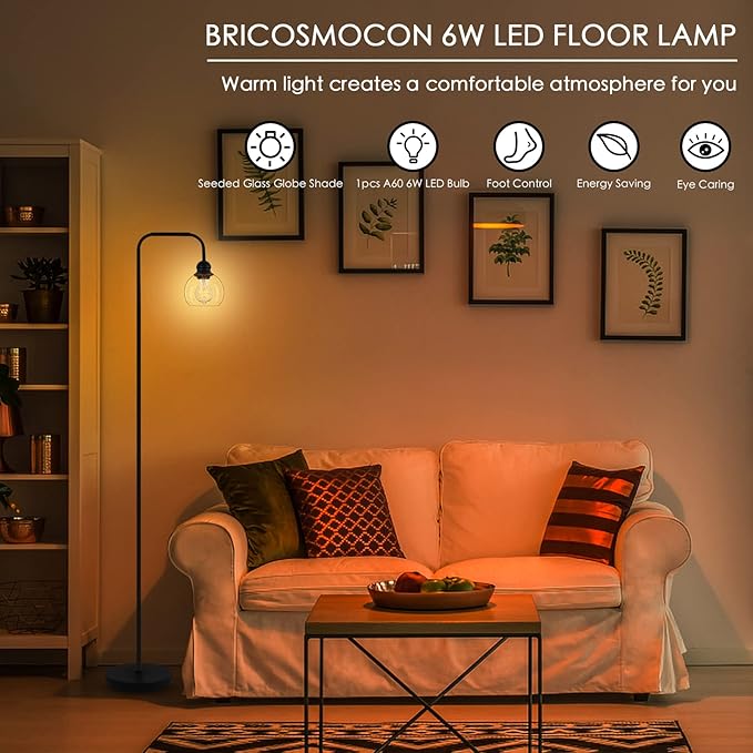 Modern Floor Lamp for Living Room with 6W LED Bulb, Industrial Floor Lamp, Seeded Glass, Black Classic Reading Tall Lamp for Home Office, Standing Lamps for Bedroom, Minimalist, Vintage, Farmhouse
