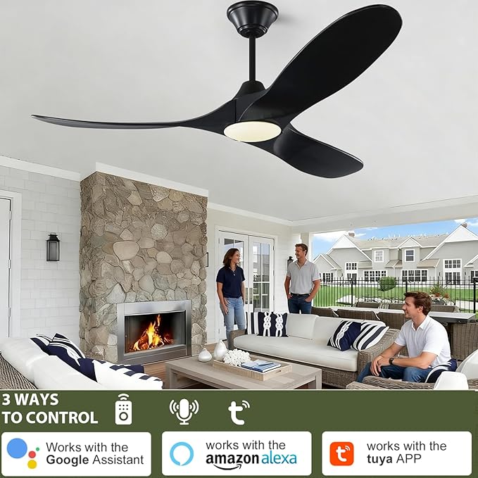 70 Inch Outdoor Large Ceiling Fan with Light, Wood Smart Ceiling Fan with Remote App Alexa Wifi Control, Modern Farmhouse Black High Cfm Propeller Dc Ceiling Fans for Indoor/Exterior Patios