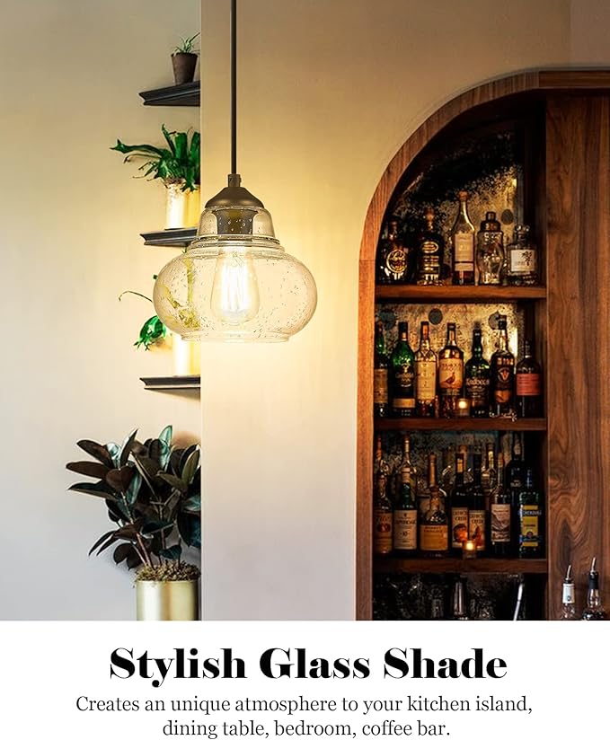 ELYONA 8 Inch Pendant Light Fixtures Seeded Bubble Glass Hanging Light Industrial Pendant Lighting for Kitchen Island Farmhouse Bar Bathroom Dining Room Oil Rubbed Bronze Finish