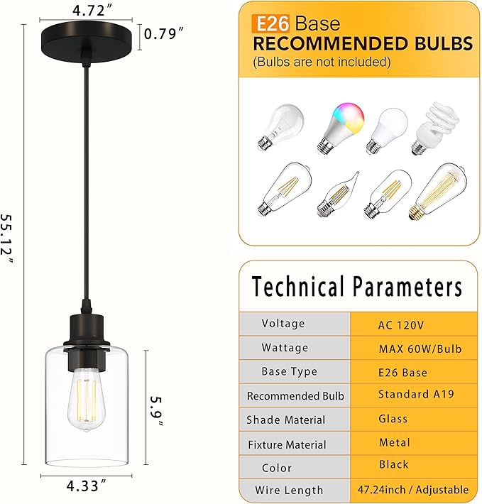1Pack Pendant Lights Kitchen Island, Modern Industrial Pendant Light Fixtures with Glass Shade, E26 Socket Adjustable Cord for Bedroom, Dining Room,Living Room, Farmhouse Pendant Lighting