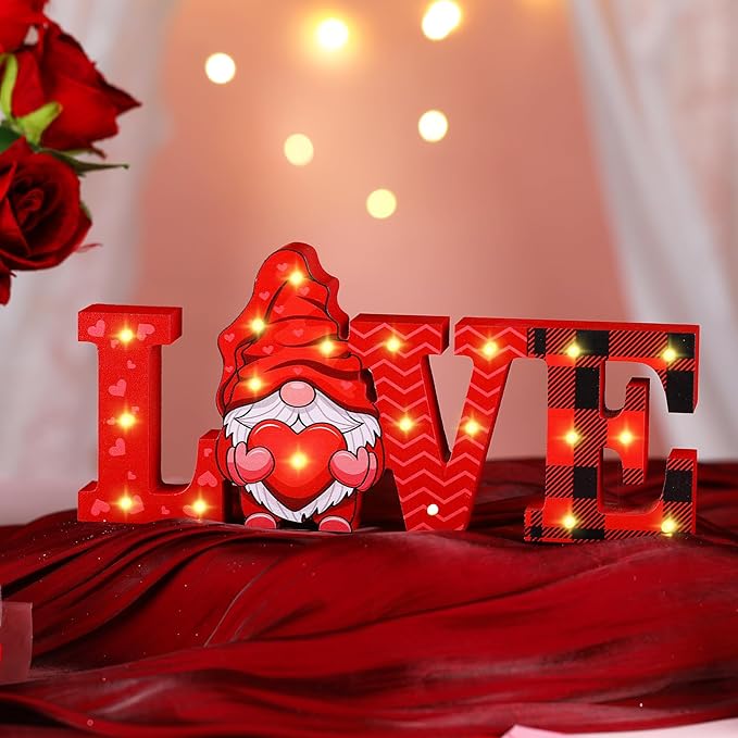 Menkxi Valentines Day LED Wooden Sign Valentine's Day Table Decorations Wooden Love Decor Valentine Tiered Tray Decor Light up Valentine Table Centerpiece Decor for Home Party Desk Office Room