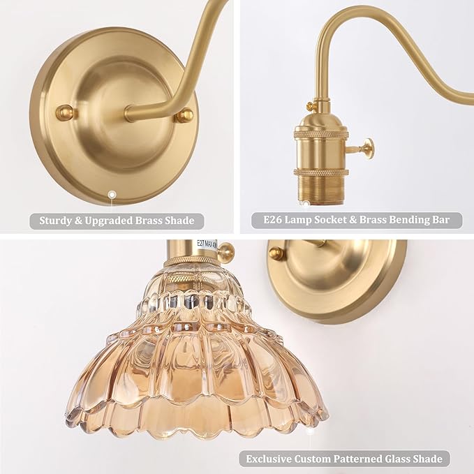 Battery Operated Wall Sconce, Vintage Rechargeable Wall Lights with Amber Lily Glass Shade, Wireless Indoor Wall Lamp with Remote for Bedroom Living Room Bathroom Hallway