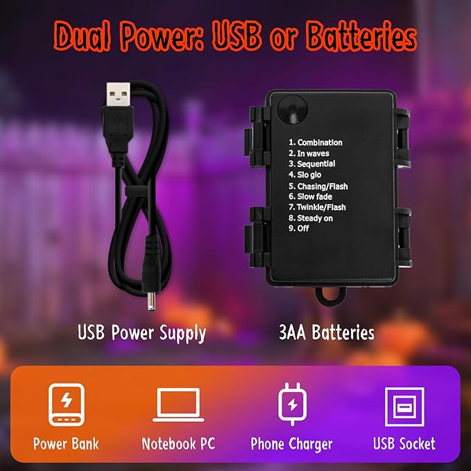 Halloween Lights Battery Operated or USB, Creepy Cloth String Lights with Timer Waterproof 9.8ft 30LED Orange and Purple String Lights Halloween Decortions for Fireplace Window Door Mirror