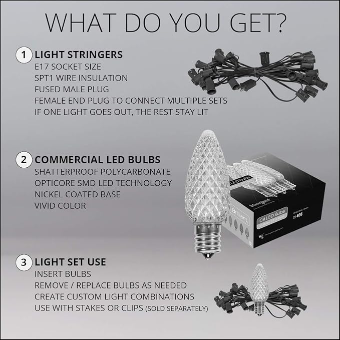 Wintergreen Lighting C9 OptiCore LED Commercial Outdoor Christmas Lights – Heavy Duty String Lights; Green Wire (50 Lights, 50 ft, Green)