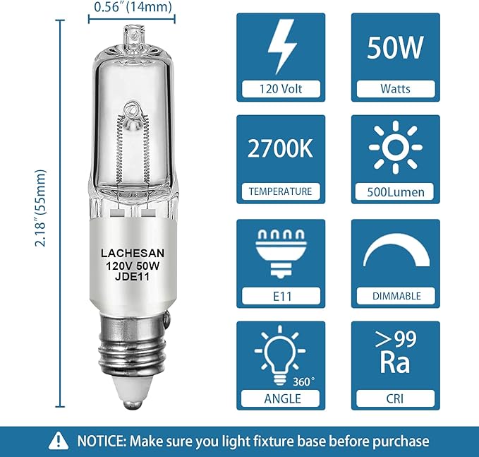 JDE11 120v 50w, E11 Halogen Light Bulb,Dimmable T4 Mini Candelabra Base(Replacement E11 Led Bulb), 2700K Warm White for Chandeliers, Ceiling Fan, Table Lamps, Cabinet Lighting, 4 Pack