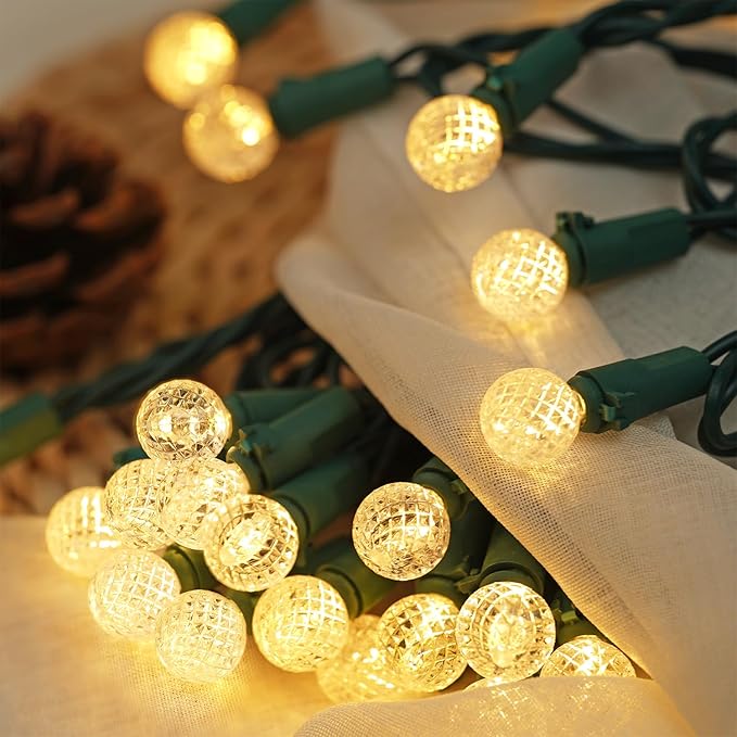 BOHON Christmas Lights Outdoor Faceted G15 50 LED 17ft Plug in Mini Globe String Lights Waterproof Extendable Green Wire for Indoor Patio Xmas Thanksgiving Tree Decoration Warm White