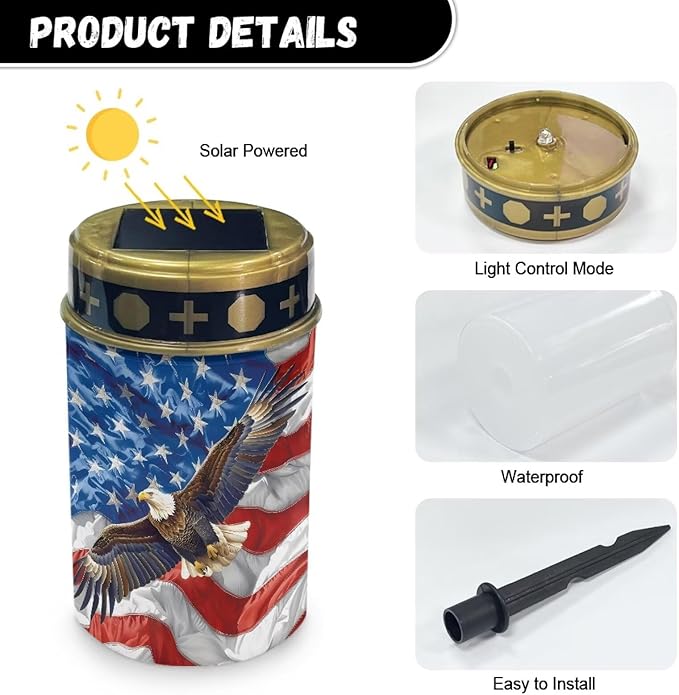 American Eagle Flag Prayer Cemetery Solar Lights for Grave Cemetery Decor Candle Lamp Corss Sunflower Grave Solar Lights