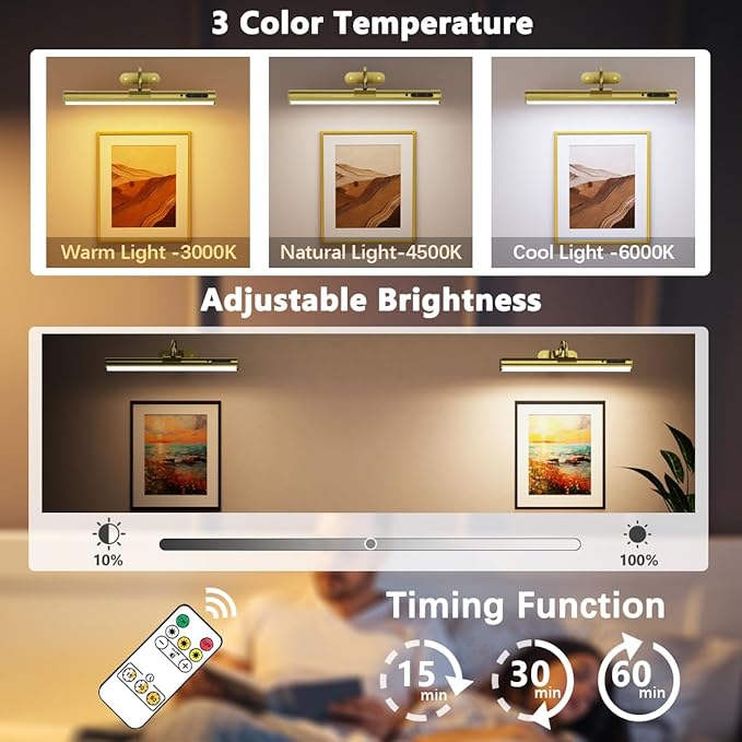 Wireless Rechargeable Picture Lights for Wall, Battery Operated Art Sconce with Remote Control, Magnetic LED Picture Frame Lamp for Painting Mirror Portrait Gallery Dart Board Indoor - Antique Brass