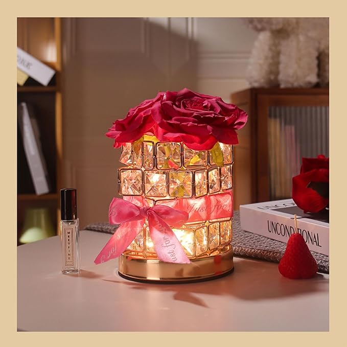 Crystal Table Lamp, Rechargeable Cordless Rose Light 3 Colors Dimmable Flower Lamp, Romantic LED Diamond Lamp for Bedroom Living Room Decor, Valentine Birthday Gift for Her (Rose Red)