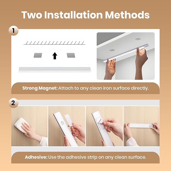 12 Inch Under Cabinet Lighting, 2 Pack 60 LED Motion Sensor Lights, 145LM USB-C Rechargeable, 2200mAh Battery, 10–100% Dimmable, 3 Color Modes, Stick-On Magnetic LED Closet Lights for Kitchen