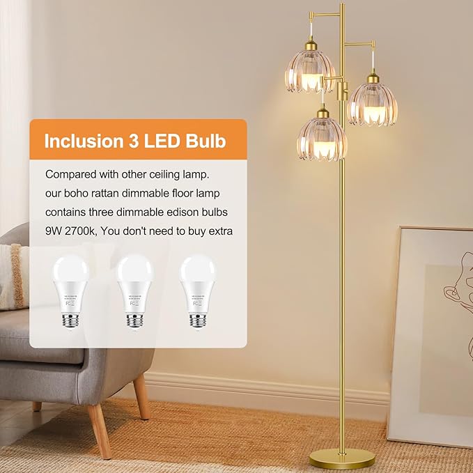 Gold Floor Lamps for Living Room Vintage Floor Lamp with Glass Lmapshape & Led Bulb,Dimmable Floor Lamps Brass Mid Century Modern Standing Lamp Tall Tree Flower Floor Lamp for Bedroom,Office,Corner