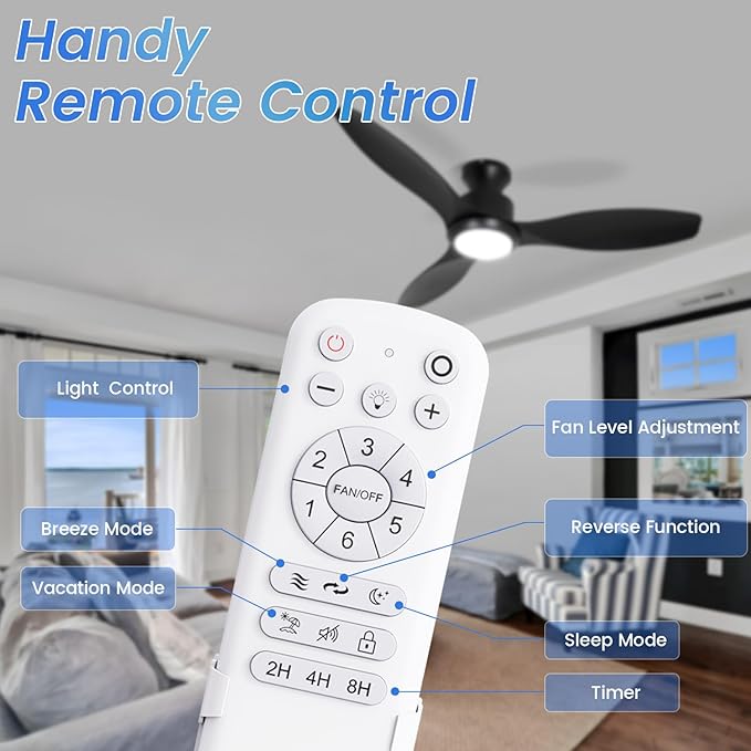 48" Ceiling Fan with Light amd Remote, Black Flush Mount Ceiling Fan with 3 Blades,3 Color Light, 6 Speed, Queit DC Motor, for Indoor/Outdoor/Bedroom/Living Room/Patios, Black