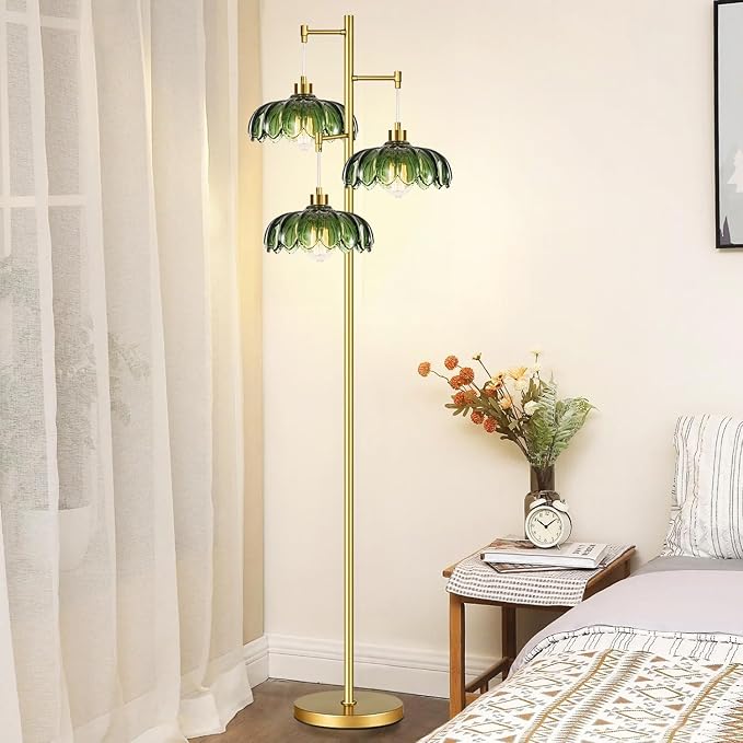 Glass Floor Lamp for Living Room,Bedroom,Gold Mid Century Modern Standing Lamp Brass Tree 3 Light Tall Floor Lamps Vintage Retro Floor Lights Green Flower Lamp Shade Farmhouse Boho Bohemian