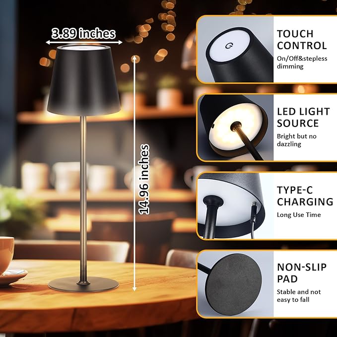 Retisee 12 Pack Cordless Table Lamp Portable Led Rechargeable Desk Lamp 3000mah Battery Operated 3 Color Stepless Dimming Waterproof Light Touch Control for Bedroom Restaurant Bars Coffee Shop Camping