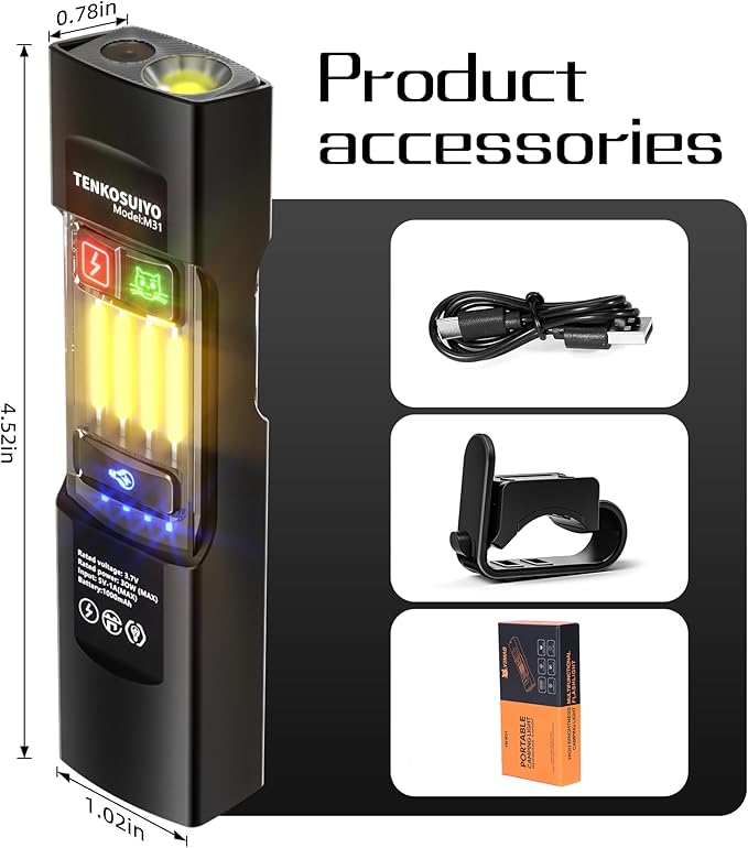 Rechargeable Flat Flashlight 680 Lumens Magnetic Clip On Hands Free Light for Car Repair Camping Emergency (Black)