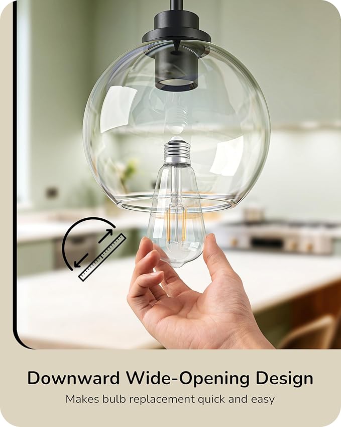 EDISHINE Modern Pendant Lights Kitchen Island 2 Pack, Hanging Light Fixture with Clear Glass Globe Shade, Hardwired Matte Black Adjustable Metal Rod for Bathroom, Dining Room, Bedroom
