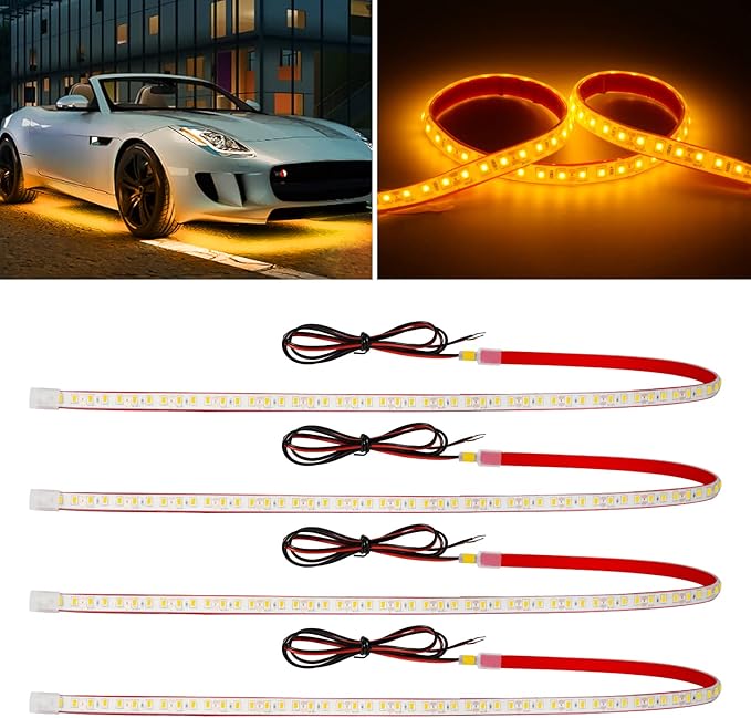 Amber Led Strip Lights,24inch 12V Interior Light Strip IP68 Waterproof Cuttable for Car Motorcycles Boat Golf Cart Truck Cargo Home Decoration with Strong Nano Tape(4PCS)