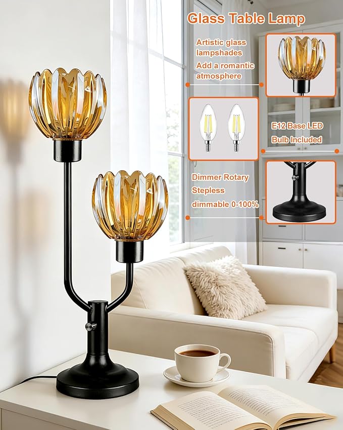 Lightdot Mid Century Modern Glass Table Lamp Black Dimmable U-Shaped Desk Lamps with Brown Lotus Glass Shade& 2Pcs 3000K Warmwhite Bulbs Included Bedside Nightstand Lamp for Living Room Bedroom