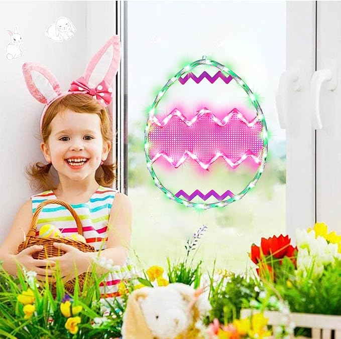 LAMPHOME 17" Lighted Green with Pink Chevron Stripe Easter Egg Window Silhouette