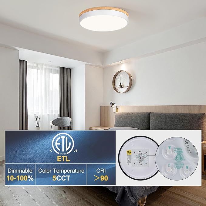 Dimmable Wood LED Flush Mount Ceiling Light, 5CCT 2700K-6000K Modern Round Close to Ceiling Lighting Fixtures, Minimalist White Ceiling Lamp for Living Room, Bedroom, Laundry Room