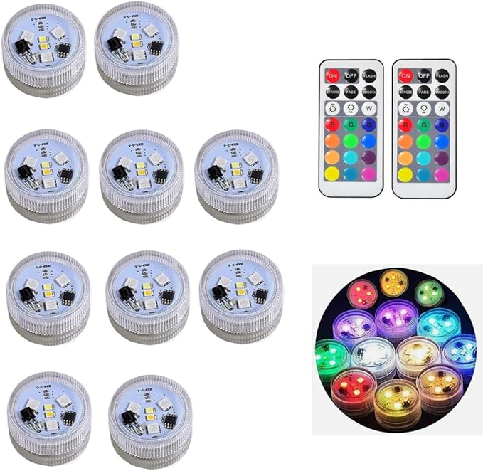 KEMANI Mini Submersible Led Lights,10pcs Small Underwater Tea Lights Candles Waterproof with 2 Remote Battery Operated, RGB 13 Multicolor Changing for Wedding Home Party Festival Decoration