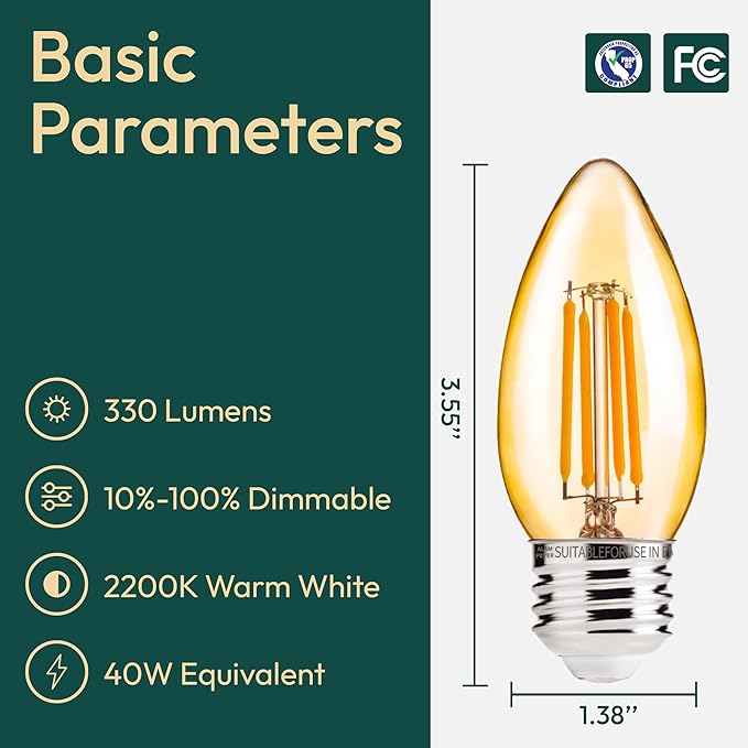 ALAMPEVER LED Chandelier Light Bulbs 40 Watt, B11 Candelabra LED Light Bulb, Dimmable E26 Led Bulbs 2200K Warm White, Amber Glass, 330LM, 6 Pack