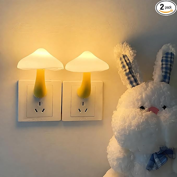 Sensor LED Mushroom Night Lights - 2Pack Plug into Wall Mushroom Lamp, Cute Mini Dream Bed Nightlight for Kids Adults for Home Office, Bedroom, Bathroom Toilet, Stairs, Hallway Corridor, Warm White