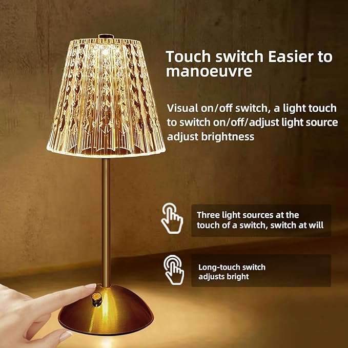 Metal Cordless Table Lamp Touching Control Crystal Lamp, Rechargeable Diamond Table Lamps with 3 Color Changing Light, Table Lamp Modern Style Bedside Lamp for Bedroom,Office,Bar,Wedding