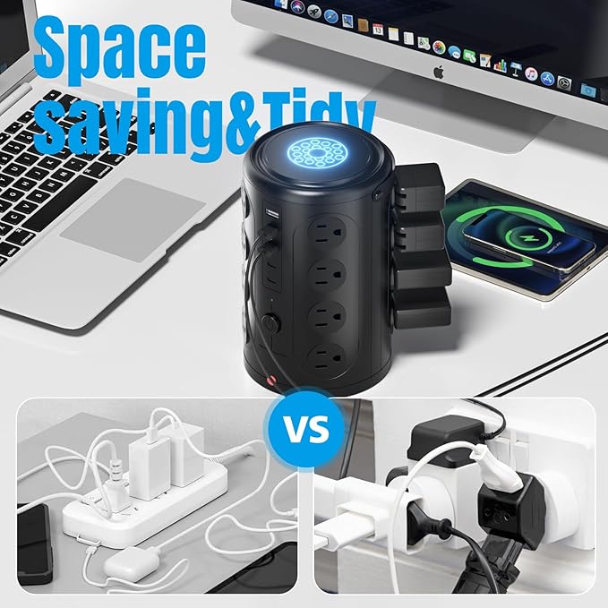 Surge Protector Power Strip,Desk Charging Station with 15W Wireless Charger, Multiple Outlets Charging Station with 16 AC Outlets & 5 USB (2 USB C) Port, for Home, Office, Dorm Room (10FT)