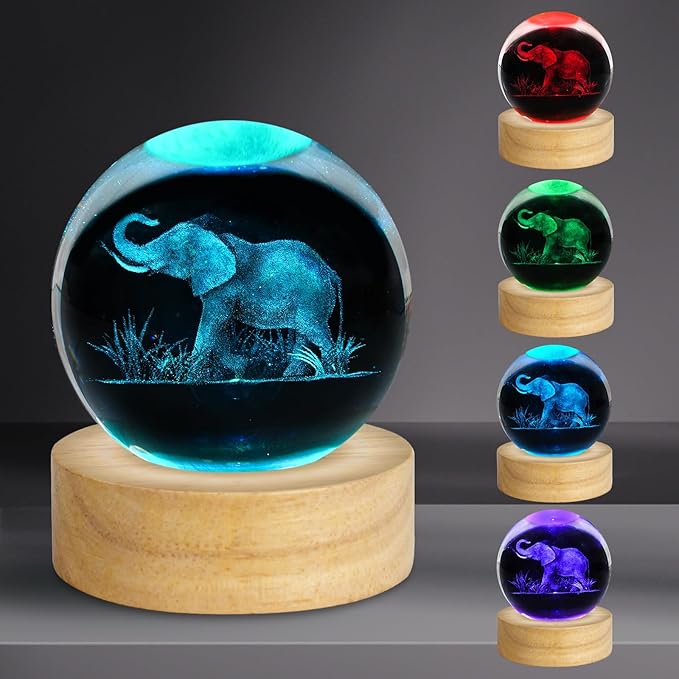 3D Elephant Engraved Crystal Ball Night Light 2.4in Figurines Decor Table Lamp With 16 Colors Change Remote Control for Birthday Christmas Gifts for Women Friends Kids Teen