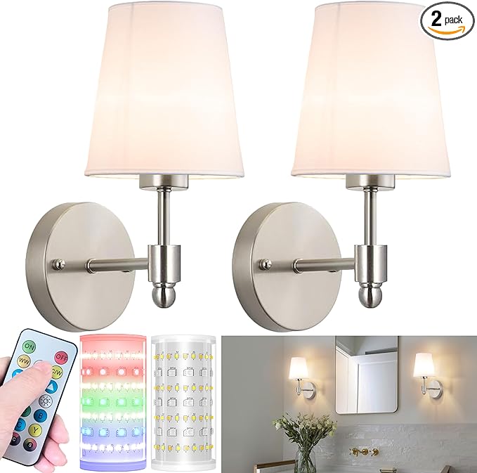 Battery Operated Wall Sconces Set Of 2, Wireless Battery Wall Light With 10000mAh RGB Rechargeable Magnetic Bulb, Rechargeable Wall Sconce With Remote Control For Bedroom, No Electrician Required