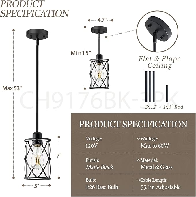 Glass Pendant Lights Kitchen Island 3 Pack, Black Kitchen Pendant Lighting Over Island with Rod, Modern Mini Hanging Light for Sink Dining Room, CH9176BK-3PK