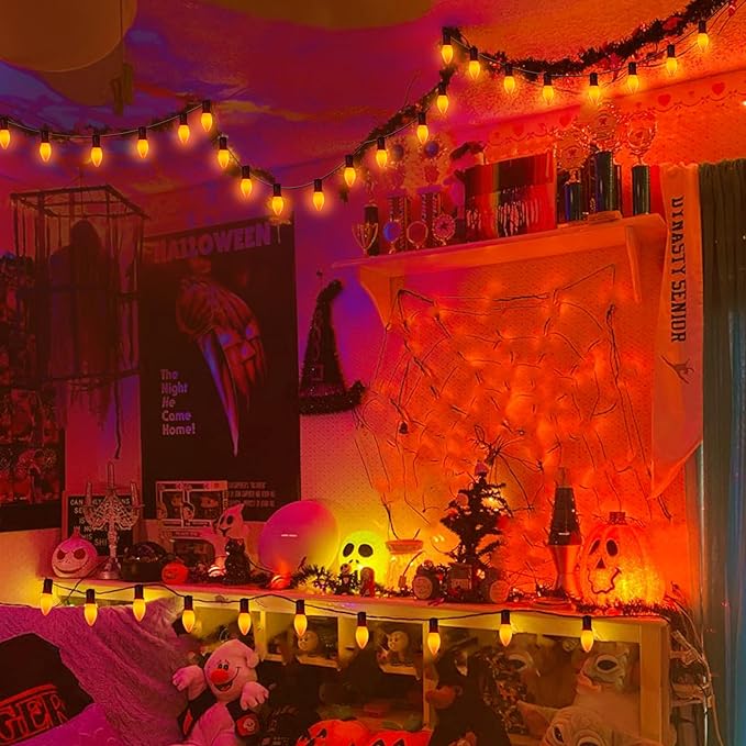GOOTHY 25 Pack C9 LED Orange Halloween Light Bulbs, E17 Intermediate Base Shatterproof LED Orange Replacement Light Bulbs for C9 Christmas Outdoor String Lights, 0.6W Night Light Bulbs, 2700K