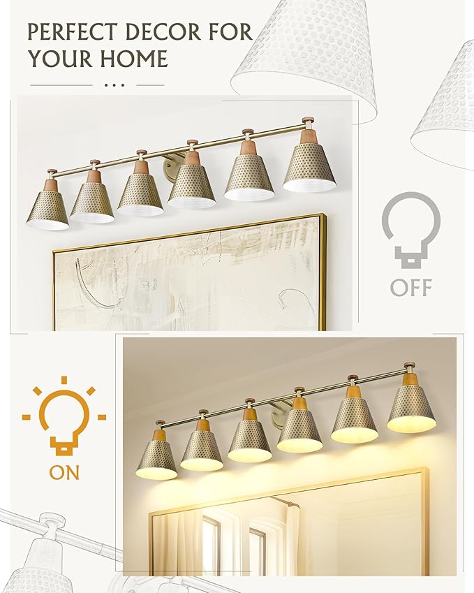 FEMILA Brass Light Fixture Bathroom, 6 Light Brushed Gold Vanity Light, 45.3" Bathroom Lighting Fixture Over Mirror, 4FG59B-6W BG