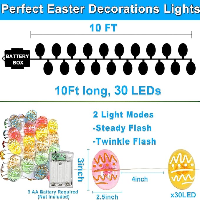 TURNMEON Easter String Lights Easter Decorations, 10 Ft 30 LED Egg Light Battery Operated Easter Lights Copper Wire Fairy Lights for Home Indoor Outdoor Decor Window Tree Party Hunt