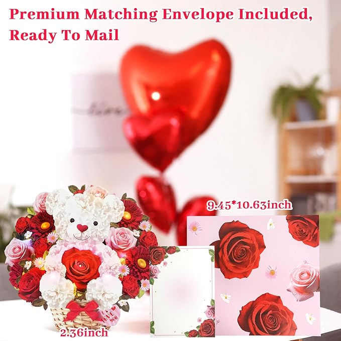 Birthday Card with MUSIC & LIGHTS, Pop Up Mothers Day Card & Anniversary Card, 10 Inch Bear Rose Forever Bouquet Mothers Day Gifts for Her Women Mom Wife