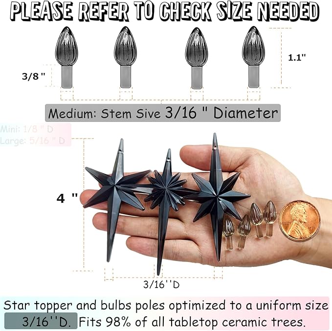 Ceramic Christmas Tree Replacement Lights Bulbs, Black Gray Medium Twist Plastics Pegs Ornaments for Ceramic Tree(87 Bulbs＆ 3 Topper Star)