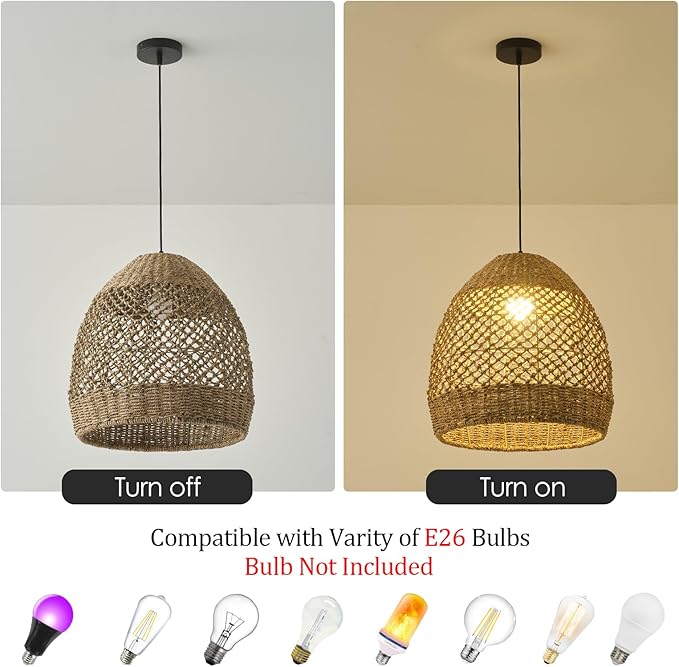 Rattan Pendant Light 13.77" Rustic Hand-Woven Wicker Hanging Light 1-Light Water Plants Rattan Chandelier for Dining Living Bedroom Kitchen Farmhouse