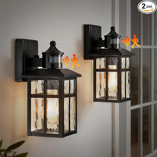 Edvivi Motion Sensor Porch Lights Outdoor, Dusk to Dawn Outdoor Lighting Wall Sconces with Water Glass, Matte Black Wall Mounted Lantern Light Wet Rated Exterior Lighting Fixtures for House 2-Pack