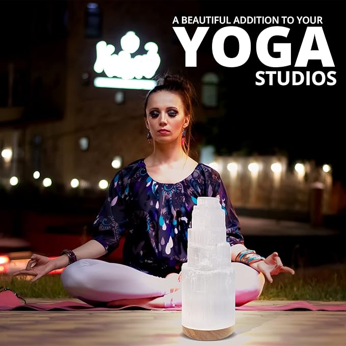 Selenite Crystal Lamp, 20 cm Tall, High Energy Skyscraper Lamp with Wooden Base & USB Charging Cable, ETL Certified, Hand Curved Selenite for Spiritual Protection and Therapy
