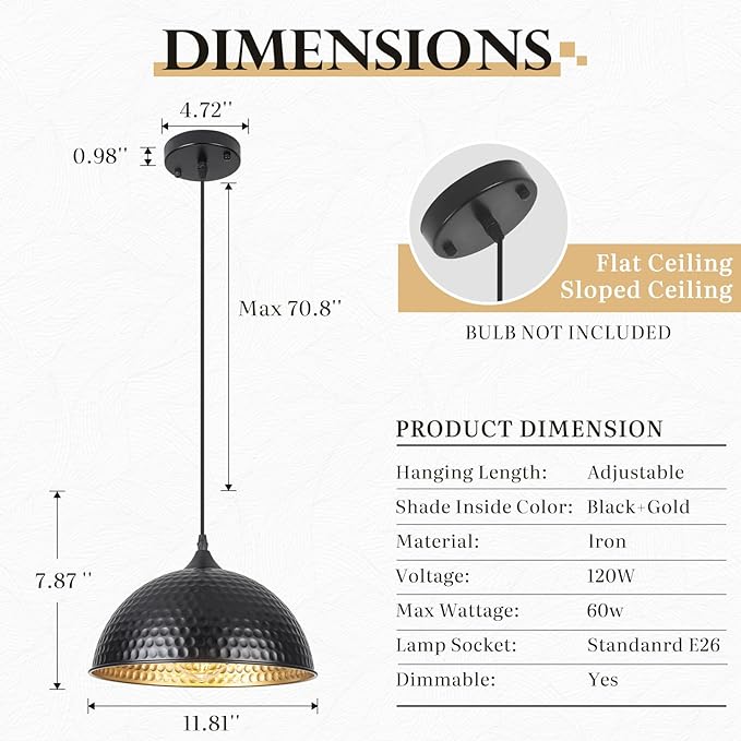 Black Pendant Lights Kitchen Island, 11.8 Inch Hammered Dome Pendant Light, Modern Farmhouse Pendant Light for Kitchen Island, Dining Room, Cafe, Bar, 1 Pack