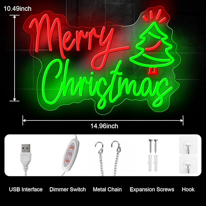 Merry Christmas Neon Sign, Dimmable Xmas Led Sign for Art Wall Decor, Merry Christmas Light Up Sign for Indoor Party Backdrop Bedroom Bar Pub Club Wedding Decor