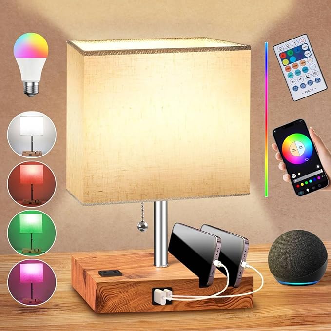 Smart RGB Dimmable Table Lamp Work with Alexa&APP&Remote Control, Bedside Desk Lamp with Charging Ports&Outlet&Phone Stand, Music Sync Nightstand Lamp for Bedroom Living Room Office Dorm, Wooden Base