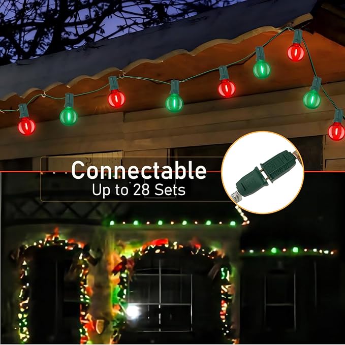 50Ft Clear Red and Green Outdoor LED Lights,G40 Globe Patio Christmas String Lights with 25 Ceramic Colorful Bulbs(2 Spare),Outside Christmas Hanging Lights for Christmas Tree Roofline Holiday Party