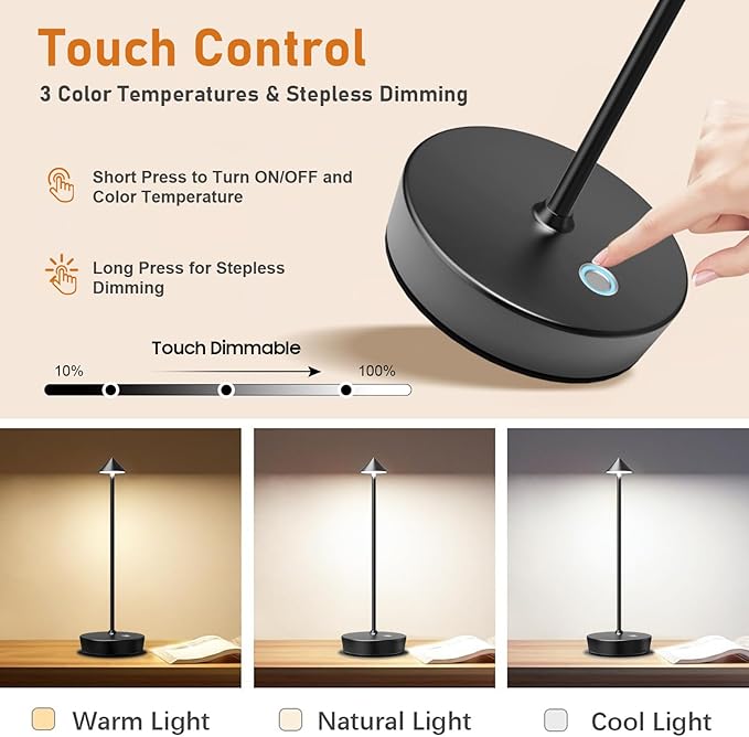 Rechargeable Cordless Table Lamp, 6000mAh LED Battery Operated Desk Lamp Touch 3 Color Stepless Dimming Portable Outdoor Waterproof Table Light for Patio/Restaurant/Dining/Home (Black)
