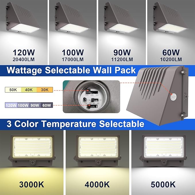 LED Full Cut Off Wall Pack Light with Dusk to Dawn Photocell, 60/90/100/120W Wattage Selectable, 3CCT 3000K/4000K/5000K, IP65 Waterproof Dimmable Outdoor Wall Light, AC120-277V DLC UL Listed