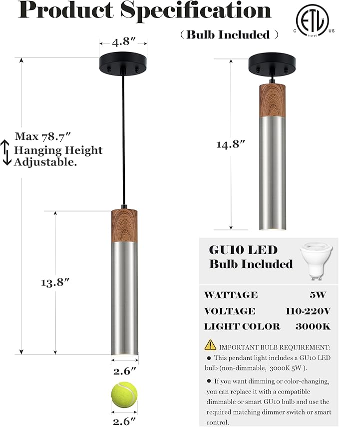 ELYONA Modern Pendant Light for Kitchen Island, Brown Wood Grain & Brushed Nickel Metal Bauhaus Hanging Light Fixture for Dining Room, Bedroom, Adjustable Height, GU10 LED Bulb Included, 1 Pack