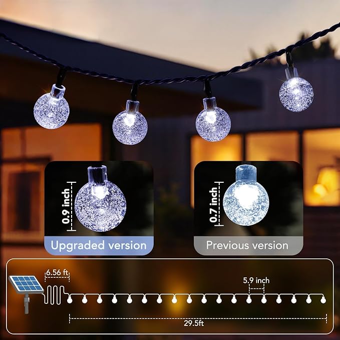 Metaku 2 Pack Solar String Lights for Outside, Total 72FT 120 LED Crystal Globe String Lights, Solar Powered Outdoor Lights with 8 Lighting Modes, Patio Light for Garden, Camping and Party Cool White