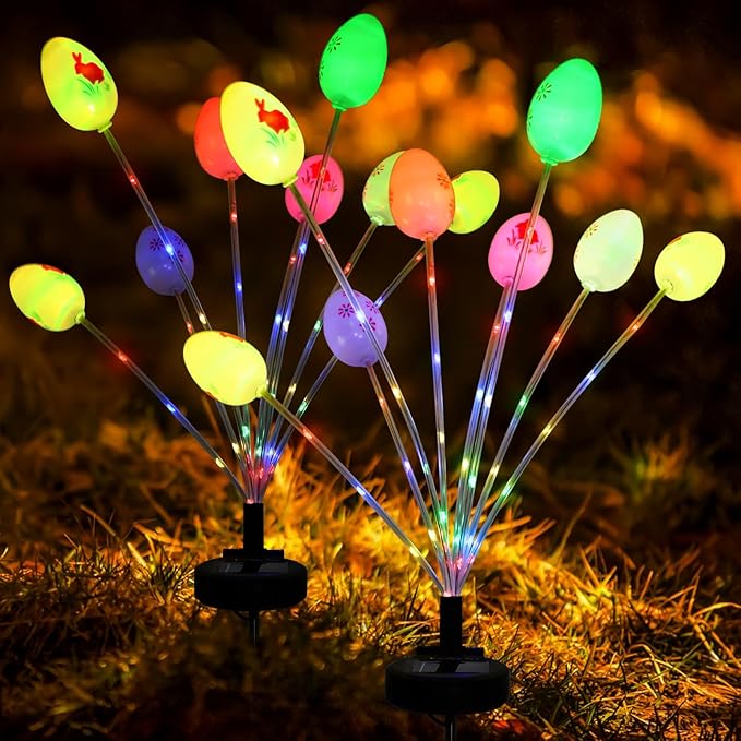 2 Packs Solar Easter Decorations Outdoor Stake Lights, LED Egg Lights for Easter Decor, Waterproof Solar Stake Light for Lawn Pathway Landscape Yard Porch Patio(Color:Colorful)